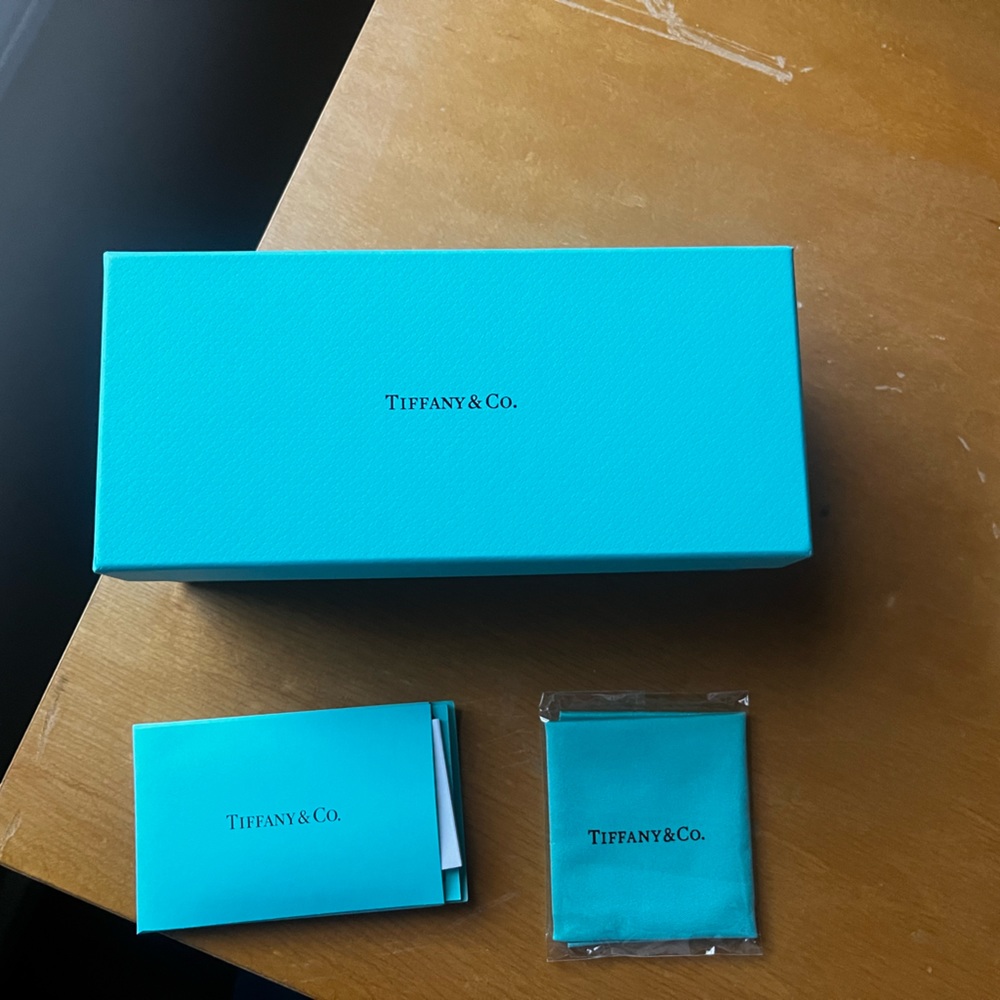 Tiffany and co. glasses box, glasses wipe, and card
